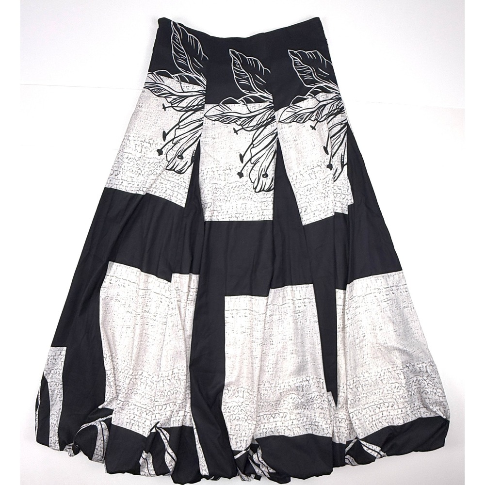 COMMENSE Maxi Skirt Womens Medium Black White Floral Side Zipper Bubble Hem 1799 - Picture 8 of 9